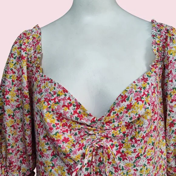 Lush Boho Ditsy Floral Smocked Back Sweetheart Neck Puff Sleeve Midi Dress Sz XL - Picture 7 of 11